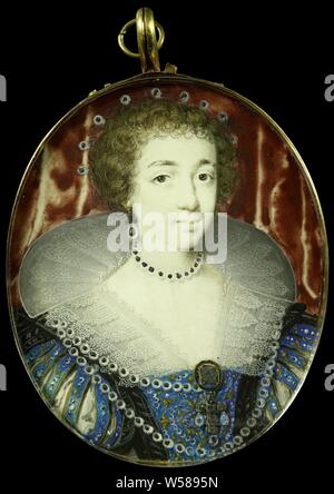 Henriette Maria von Frankreich (1609-1669). Frau von Charles I von England, Porträt von Henriette Maria von Frankreich (1609-1669). Frau von Charles I von England. Büste, auf der rechten Seite. Teil der Sammlung von Porträtminiaturen, Henrietta Maria van Frankrijk (Königin von England, Schottland und Irland), John Hoskins, 1620 - 1664, Pappe, Gold (Metall), Glas, h 6.2 cm x 5.1 cm h 7,7 cm x B 5,2 cm x T 0,8 cm Stockfoto