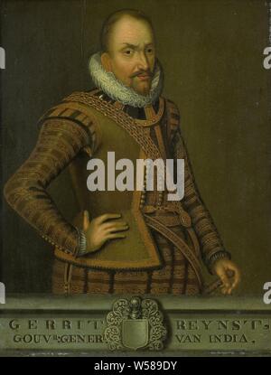 Portrait von Gerard Reynst, Generalgouverneur von Niederländisch-ostindien, Portrait von Gerard Reynst (gest. 1615). Allgemeine Gouverneur (1614-15). Stehend, auf halbem Weg auf der rechten Seite, die rechte Hand zur Seite. Um die Schulter eine goldene Kette mit einem Portrait-medaille von Prinz Maurits. Teil einer Reihe von Kopien nach Portraits der Gouverneure der ehemaligen niederländischen Ostindien, wahrscheinlich von der Dutch East India Company. Gerrit Reynst, Dutch East India Company, anonyme (Kopieren nach), Batavia, 1750-1800, Panel, Ölfarbe (Lack), h 33 cm x W 25 cm d 3,7 cm Stockfoto