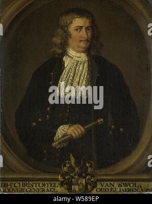 Portrait von Christopher van Swoll (Swol, Zwol), Generalgouverneur von Niederländisch-ostindien, Portrait von Christoffel van Swoll (1663-1718). Allgemeine Gouverneur (1713-18). Stehend, halbe Länge, in Oval, den Kopf leicht nach rechts. Befehl Personal in der rechten Hand. Teil einer Reihe von Kopien, die Portraits der Gouverneure der ehemaligen niederländischen Ostindien, wahrscheinlich von der Dutch East India Company. Dutch East India Company, Christoffel van Swoll, Hendrik van den Bosch (Kopieren nach), 1750-1800, Leinwand, Ölfarbe (Lack), h 35 cm x W 26,5 cm, d 4,8 cm Stockfoto