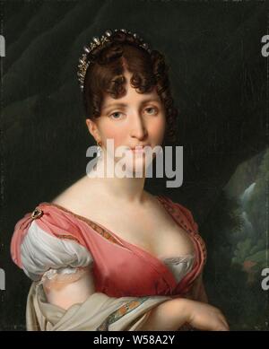 Portrait von Hortense de Beauharnais, Königin von Holland Portrait von Hortense de Beauharnais (1783-1837), Königin von Holland, Ehefrau von König Louis Napoleon, Ehefrau von Louis Napoleon, König von Holland. Büste nach rechts mit einer Krone im Haar, rechts eine Landschaft mit Wasserfall, historische Personen - Frau, Königin, Kaiserin, etc. (Frau eines Lineals), Holland, Hortense Eugénie de Beauharnais (Königin von Holland), Louis Napoleon Bonaparte, Anne-Louis Girodet-Trioson, Paris, C. 1805 - C. 1809, Leinwand, Ölfarbe (Lack), h 60,9 cm x W 49,8 cm h 74,7 cm x W 63,7 cm x T 8,5 cm Stockfoto