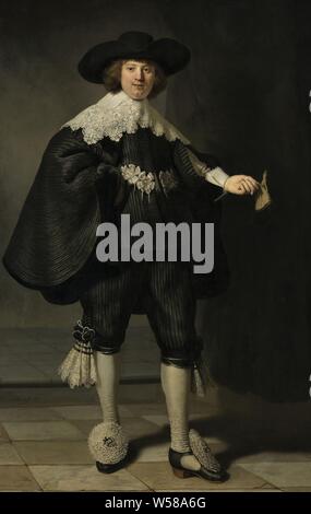 Marten Soolmans (1613-1641) Portrait de Marder Marder Soolmans Soolmans Porträt, Porträt der 20-jährige Marten Soolmans hoch auf einem karierten Fliesen in einem undefinierten Raum. Er ist in einer edlen schwarzen Anzug mit Spitzenkragen, Bögen, Manschetten und Strumpfhalter gekleidet, trägt einen schwarzen Hut und Rosette Schuhe. Er hält einen Handschuh in seiner linken Hand, historische Personen, Marten Soolmans, Rembrandt van Rijn, Amsterdam, 1634, Leinwand, Ölfarbe (Lack), Malerei, H 207,5 cm × W 132 cm Stockfoto