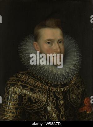 Portrait von Albert VII, Erzherzog von Österreich, Portrait von Albrecht von Österreich (1559-1621), Erzherzog von Österreich. Büste nach rechts, in der Rüstung, rund um den Hals die Kette mit dem Goldenen Vlies. Albrecht, Erzherzog von Österreich, Frans Pourbus (II) (Werkstatt), Südliche Niederlande, C. 1600, kupfer (Metall), Ölfarbe (Lack), h 28,5 cm x W 22,5 cm x H 45,5 cm x W 39,2 cm x t 4 cm Stockfoto