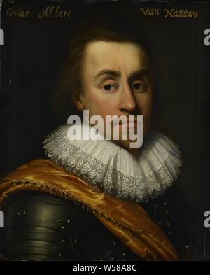 Portrait von Albert, Graf von Nassau-Dillenburg, Portrait von Albert (1596-1626), Graf von Nassau-Dillenburg. Büste nach rechts, in der Rüstung. Teil der Serie von Porträts aus dem Stadhouderlijk Hof in Leeuwarden. Antonisz, Jan van Ravesteyn (Werkstatt), 1622, Panel, Ölfarbe (Lack), Support: h 29,8 cm x W 24 cm t 1,0 cm d 3,5 cm Stockfoto