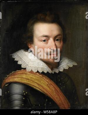 Porträt von Jan die Jüngeren, Graf von Nassau-Siegen (Graf Johann VIII oder Nassau-Siegen), Porträt von Jan de Jongere (1583-1638), Graf von Nassau-Siegen. Büste nach rechts, in der Rüstung. Teil der Serie von Porträts aus dem Honselaarsdijk Haus., Jan van Ravesteyn Antonisz (Werkstatt), C. 1613 - C. 1620, Panel, Ölfarbe (Lack), Support: h 30,2 cm x W 24,7 cm t 1,0 cm d 2,0 cm Stockfoto