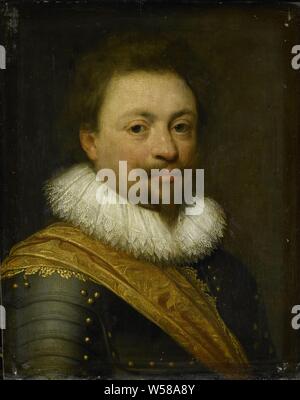 Porträt von William, Graf von Nassau-Siegen, Portrait von Willem (1592-1642), Graf von Nassau-Siegen. Büste nach rechts, in der Rüstung. Kopie nach einem Gemälde von Michiel Jansz. van Mierevelt. Teil der Serie von Porträts aus dem Honselaarsdijk Haus., Jan van Ravesteyn Antonisz (Werkstatt), C. 1620 - C. 1630, Panel, Ölfarbe (Lack), Support: h 30,3 cm x W 24,8 cm t 1,3 cm d 2,0 cm Stockfoto