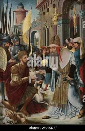 Sitzung des Abraham und Melchisedek (inneren, linken Flügel oder ein Triptychon), der linken Seitenverkleidung des ein Altarbild mit der Konferenz von Abraham und Marjan Kwint auf der Innenseite. Der Treffpunkt am Tor der Stadt nimmt, Mechisedek bringt Wein und Brot für Abraham. Abraham kniet auf der linken Seite in der Rüstung, hinter ihm eine Armee von Soldaten. Auf der Außenseite der weiblichen Personifikation Synagoge: Stehende Frau mit verbundenen Augen das Gesetz Tabellen in der rechten Hand und eine gebrochene Banner in der linken Hand. Die aus der ehemaligen St. Agnes Kloster (Gasthuis) in geht., anonym, Antwerpen, C. 1510 - C. 1520, Panel, Öl Stockfoto