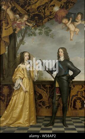 Portrait von Wilhelm II. (1626-1650), Prinz von Oranien und seine Frau Mary Stuart (1631-1660), Porträt von Wilhelm II. mit seiner Frau Maria Stuart. Beide sind in voller Länge präsentiert, die auf einen Balkon. Der Prinz in Rüstung mit dem Befehl Personal in der rechten Hand. Vier putti spielen in der oberen linken Vorhang, zwei mit dem Prince's Helm, einem besprüht mit Blumen. Willem II (Prinz von Oranien), Maria Henrietta Stuart, Gerard van Honthorst, 1647, Leinwand, Ölfarbe (Lack), Support: h 302 cm x w 194,3 cm d 12 cm Stockfoto