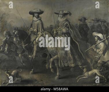 Friedrich V. (1596-1632), Kurfürst von der Pfalz, König von Böhmen und seine Frau Elizabeth Stuart (1596-1662) auf dem Pferd, Porträts der Winter König Friedrich V. (1596-1632) und seiner Ehefrau Elisabeth Stuart, Reiten. Der König und die Königin auf die Jagd gehen mit ihrem Gefolge, einige Jagdhunde im Vordergrund., Adriaen Pietersz. van de Venne, 1626-1628, Leinwand, Ölfarbe (Lack), Support: H 154,5 cm × w 191 cm d: 6,5 cm Stockfoto