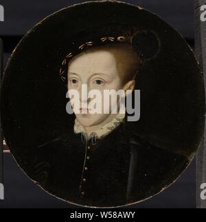 Portrait von Edward VI (1537-1553), König von England, Porträt von Edward VI (1537-53), König von England. Büste, gegenüber, eine Baskenmütze auf dem Kopf schräg. Die früher als ein Portrait des jungen Philips II., anonym, Niederlande, C. 1550, Panel, Ölfarbe (Lack), Malerei, Support: d 17,5 cm, T 0,6 cm d 5,4 cm Stockfoto