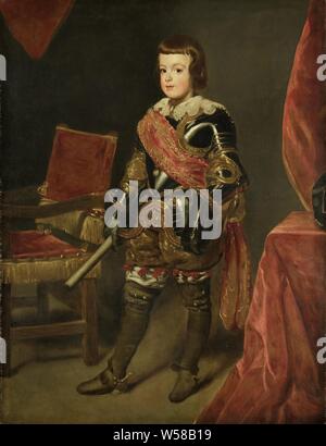 Portrait von Prinz Baltasar Carlos, Sohn des spanischen König Philip IV, ca. 11 Jahre alt, Portrait von Prinz Balthasar Carlos, Sohn des spanischen Königs Philips IV, ungefähr im Alter von elf. Stehen, in voller Länge in der Rüstung, commado Personal in der rechten Hand, rechts von einem Stuhl., Juan Bautista Martínez del Mazo (zugeschrieben), 1639 - 1645, Leinwand, Ölfarbe (Lack), H 148,8 cm × w 113,2 cm x T 4,6 cm d 7,4 cm Stockfoto