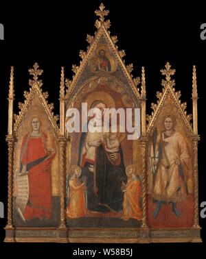 Triptychon mit der Jungfrau mit dem Kind und der Heiligen Maria Magdalena und Ansanus, Triptychon mit Maria mit dem Kind und Heiligen. Maria sitzt in der Mitte der Platte mit dem Jesuskind auf dem linken Knie, einen knienden Engel mit einer Vase mit Blumen auf beiden Seiten. In der trilobium über Christus, zur Hälfte durch, Segen, mit einem Buch in der linken Hand. Auf der linken Seite die hl. Maria Magdalena mit Salbe jar und Banderole. Hl. Ansanus auf der rechten Panel als ein junger Ritter mit einem Palm Zweig. Mit integrierten Rahmen, Maria sitzen oder auf dem Thron, der Christus - Kind vor ihr, liegen in ihrem Schoß (oder in Stockfoto