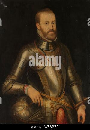 Philipp II., König von Spanien, Portrait von Philips II., König von Spanien. Ständigen halber Länge, in der Rüstung, auf der rechten Seite. Die rechte Hand ruht auf der Helm vor ihm. Um den Hals das Emblem des Ordens vom Goldenen Vlies auf einem Ribbon., Anthonis Mor (Art der), 1560-1625, Ölfarbe (Lack), Leinwand, Malen, H 99 cm x W 73 cm x t 4 cm Stockfoto