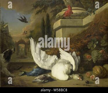 (Eine Studie von Spiel und Obst), einen Hund in der Nähe eines noch Leben von Geflügel (tote Gans und ein Pfau) und Obst (Trauben, Melonen, Pfirsiche und Äpfel). Ein Papagei sitzt auf einer Balustrade, einige andere Vögel in den Himmel. Im Hintergrund eine Allee in einem Park oder Garten., Jan Weenix, C. 1700, Leinwand, Ölfarbe (Lack), h 139 cm x W170 cm d 14 cm Stockfoto