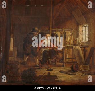 Flirt in einem Kuhstall, in einem Kuhstall, ein Knecht erschrickt Farm girl von ihrem Stuhl greifen von hinten. Zwei Kühe, die auf dem Boden stehen Fässer, Körbe und in einem grossen Topf., Thomas Niemann Dircksz. Camphuysen, 1645-1672, Panel, Ölfarbe (Lack), h 33 cm x W 37 cm d 5 cm Stockfoto