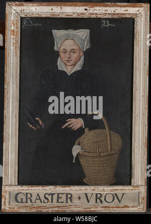 Graster Vrou, alte Gemälde von einer Dame, die eine Schere und einen Korb, Bilderrahmen, H 53 cm x W 36,5 cm x T 3,1 cm h 42,6 cm x W 29 cm, Öl auf Leinwand, Ca. 16. jahrhundert Stockfoto