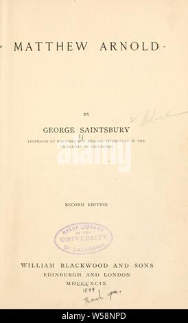 Matthew Arnold: Saintsbury, George, 1845-1933 Stockfoto