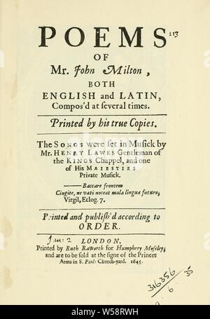 Gedichte, Deutsch und Latein. Die Songs wurden in Musick von Henry Lawes: Milton, John, 1608-1674 eingestellt Stockfoto