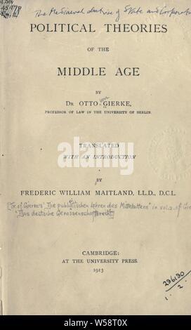 Politische Theorien der mittleren Alter: Gierke, Otto Friedrich von, 1841-1921 Stockfoto