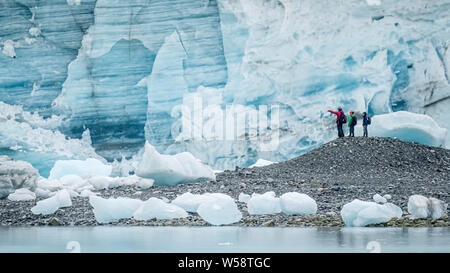 Wanderer vor lamplugh Gletscher, Glacier Bay National Park, Alaska, USA. Stockfoto