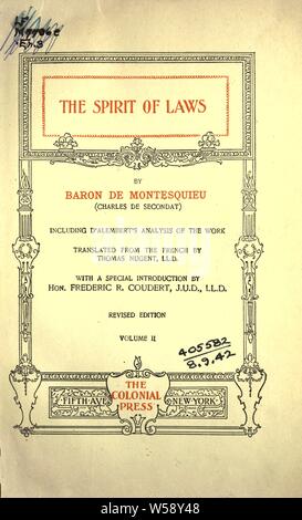 Der Geist der Gesetze, einschließlich d'Alembert's Analyse der Arbeit: Montesquieu, Charles de Secondat, Baron de, 1689-1755 Stockfoto
