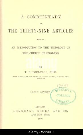 Ein Kommentar auf die 39 Artikel bilden eine Einführung in die Theologie der Kirche von England: Boultree, T.P Stockfoto