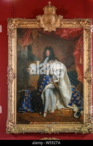 Das berühmteste Gemälde von Ludwig XIV., König von Frankreich, in seiner Krönung Kostüm und bekanntesten Werk des Malers Hyacinthe Rigaud, die heute in hängt... Stockfoto