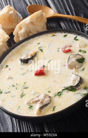 Creme Aal Suppe mit Gemüse close-up in einer Schüssel auf dem Tisch. Vertikale Stockfoto