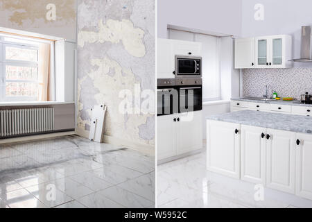 Vor und nach Der moderne Küche Apartment Zimmer im renovierten Haus Stockfoto