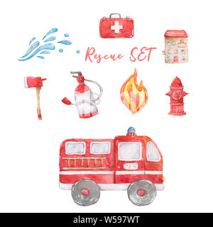 Aquarell Niedliches Set Fire Engine cartoon bunten Bild auf weißem Hintergrund. Red rescue Farbe. Baby clip art isoliert Kit, ax, Feuer, hydrant Stockfoto