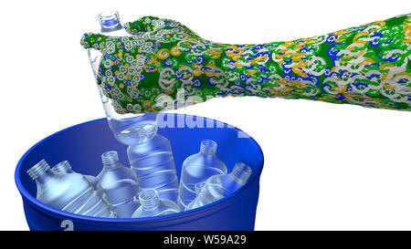 Schließen bis auf den Arm eines grünen Mann durch grüne, blaue und gelbe Kreise mit dem Recycling Symbol abgedeckt, indem eine Plastikflasche in einem blauen Loch. 3D-Illus Stockfoto