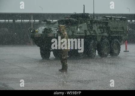 Ein Soldat der US-Armee in die 2d-Geschwader, 2d-Cavalry Regiment zugeordnet, wartet eine 30 mm Kanone Stryker Infantry Carrier Vehicle-Dragoon aus dem Motor Pool während der Agile Geist 19 in Senaki, Georgien, Juli 25, 2019, 25. Juli 2019. Als 19 ist eine kooperativ-led-Übung zwischen der georgischen Streitkräfte, die Theater die sicherheitspolitische Zusammenarbeit und Ausbildung unter den 14 Verbündeten zu unterstützen und die Zusammenarbeit der Nationen teilnehmen. Die Übung ist so konzipiert, dass gemeinsame und multinationale Bereitschaft, Kompatibilität, Mobilität und Haltung der Bekämpfung glaubwürdige Kräfte über das europäische Theater s verbessern Stockfoto