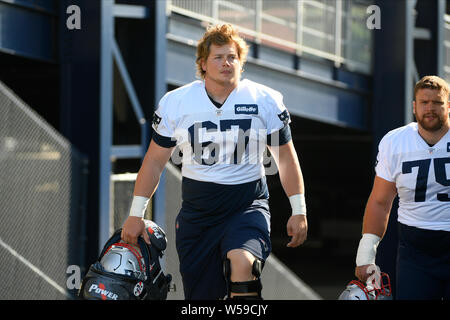 Foxborough, Massachusetts, USA. 26. Juli, 2019. New England Patriots Offensive Lineman Tyler Gauthier (67) an der New England Patriots Trainingslager statt auf der Praxis Felder am Gillette Stadium, in Foxborough, Massachusetts. Eric Canha/CSM/Alamy leben Nachrichten Stockfoto