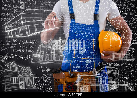 Bau Mann schreiben Skizze auf transparenten Wand von ihm Stockfoto