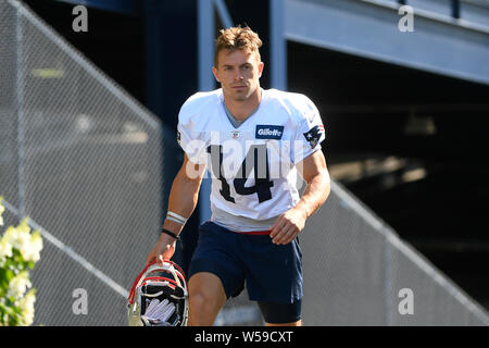 Foxborough, Massachusetts, USA. 26. Juli, 2019. New England Patriots wide receiver Braxton Berrios (14) an der New England Patriots Trainingslager statt auf der Praxis Felder am Gillette Stadium, in Foxborough, Massachusetts. Eric Canha/CSM/Alamy leben Nachrichten Stockfoto