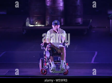 Neapel, Italien. 26. Juli, 2019. Der italienische Rap Rock Sänger und Songwriter Maurizio Pisciottu bekannt als Salmo live während der 'Playlist Sommer Tour" an Laut Fest in Neapel. Credit: SOPA Images Limited/Alamy leben Nachrichten Stockfoto