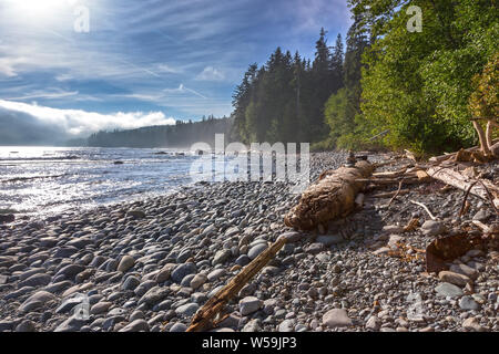 Niedrige Wolken Nebel Rugged West Sombrio Beach Seascape, Juan De Fuca Marine Trail Vancouver Island Pazifik Nordwestküste British Columbia Kanada Stockfoto