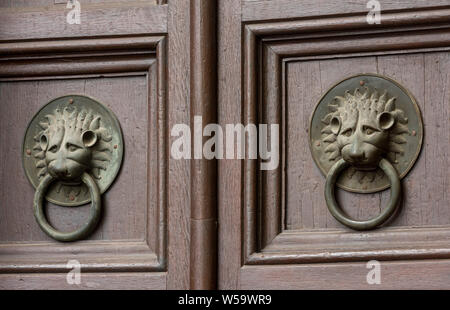 Mainz, Dom St. Martin, Ostchor, Nördliches Portal, bronzene Löwenköpfe als Türgriff Stockfoto