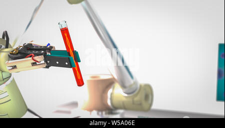 Roboterarm holding Durchstechflasche mit DNA Labor Robotik Roboter Technologie Medizin Forschung Konzept robotic Wissenschaft Konzept Roboterarm Laborglas D Stockfoto
