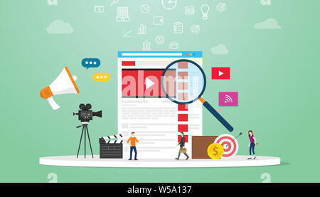 Online video Suche Konzept Technologie mit Lupe und Business Team auf der Suche nach Browser mit modernen Flat Style-Vector Illustration Stockfoto
