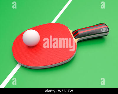 Red Tischtennis Schläger mit Ball. Auf grünem Hintergrund. 3D Rendering illustration Stockfoto