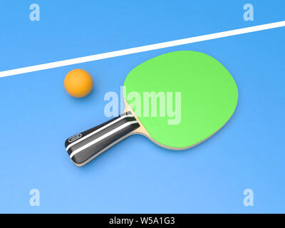 Grün Tischtennis Schläger mit Ball. Auf blauem Hintergrund. 3D Rendering illustration Stockfoto
