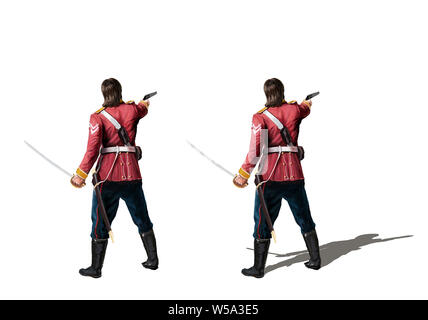 British colonial Soldat mit Schwert und Pistole schiessen Stockfoto