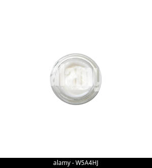 Kosmetische Creme im Glas auf weißem Hintergrund. Ansicht von oben. Organische natürliche Kosmetik. Stockfoto