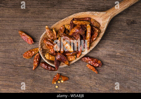 Kleine getrocknete, sehr hot chili peppers mexikanischer Herkunft in den hölzernen Löffel Stockfoto