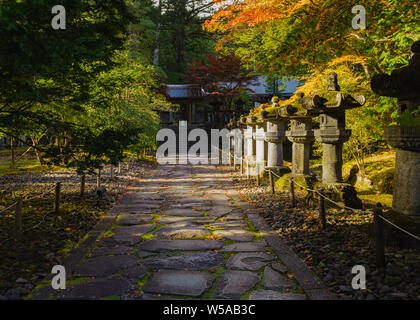 Gruppe der Steinlaternen beleuchtet von schönen warmen Abend licht in Nikkos Tosho-gu Tempel im Herbst, Japan, Oktober 2018 Stockfoto