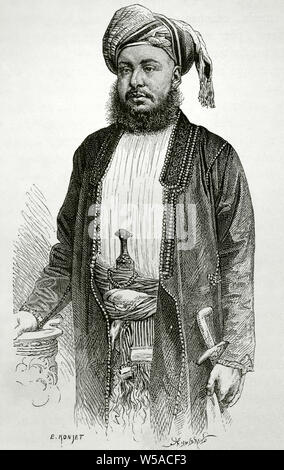 Barghash bin sagte von Sansibar (1837-1888). Der Sultan von Sansibar (1870-1888). Während seiner Herrschaft den Sklavenhandel in Sansibar abgeschafft wurde. Zeichnung von Etienne Ronjat (1822-1912). Kupferstich von Hildibrand. Afrika inexplorada, el Continente Misterioso von Henry Morton Stanley, C. 1887. Stockfoto