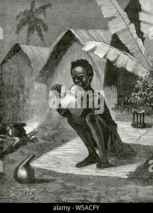 Zentralafrika. Indigene Rauchen von Cannabis. Gravur. Afrika inexplorada, el Continente Misterioso von Henry Morton Stanley, C. 1887. Stockfoto