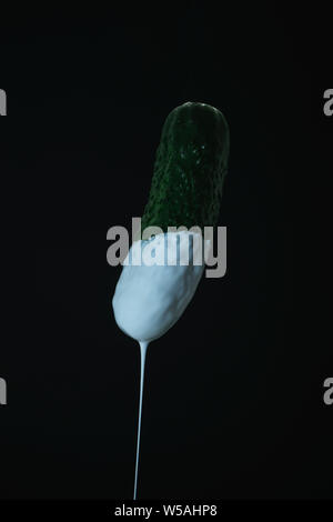 Schöne frische Gurke Tropfen weißer Farbe auf schwarzem Hintergrund. Kreative Poster. Stockfoto