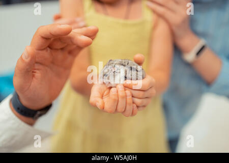 In der Nähe von kleines Mädchen tragen gelbe Kleid holding Hamster Stockfoto