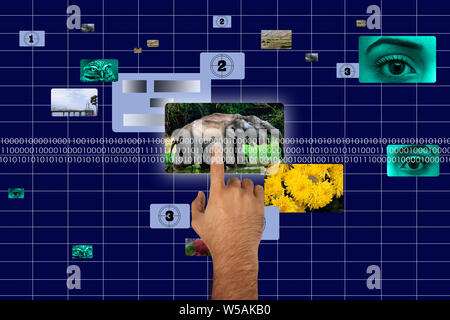 Menschlicher Finger, der ein Bild auf dem virtuellen Bildschirm auswählt Stockfoto